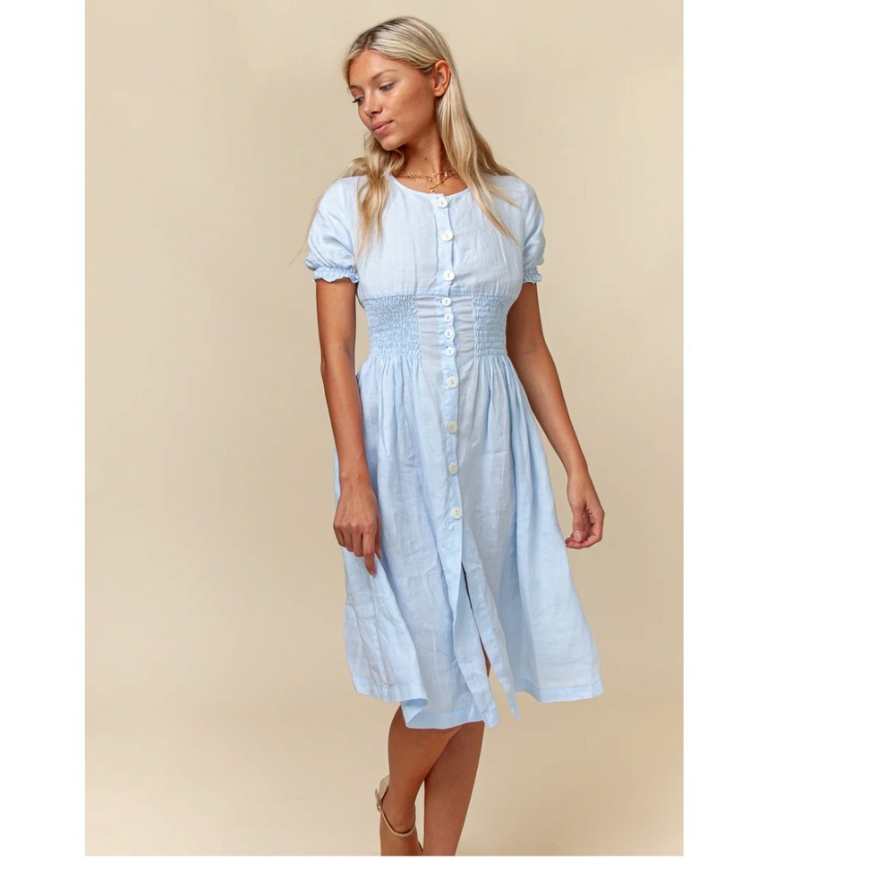 Claudio Milano 100% Linen Peasant Dress Light Blue Button Down Short Sleeve XL